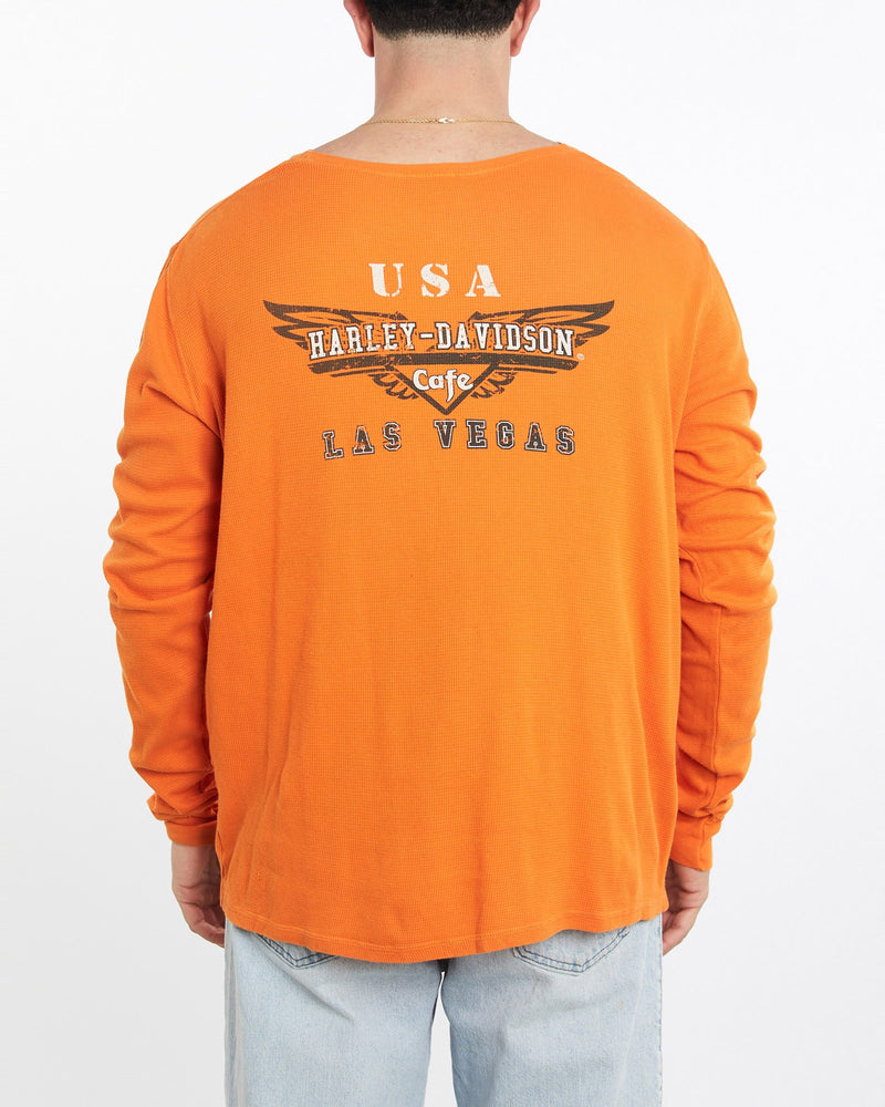 Vintage, Harley, Davidson, Long, Sleeve, Thermal, Tee, The Real Deal, size double extra large, colour Orange, newtown, sydney, australia, thrift store, opshop, preloved, secondhand, sustainable, retro, antique, 70s, 80s, 90s, 2000s, 00s, fashion, clothing, streetwear, trendy, garment, style, boutique, store, shop, archive, sale, cheap, best, top, T-Shirts