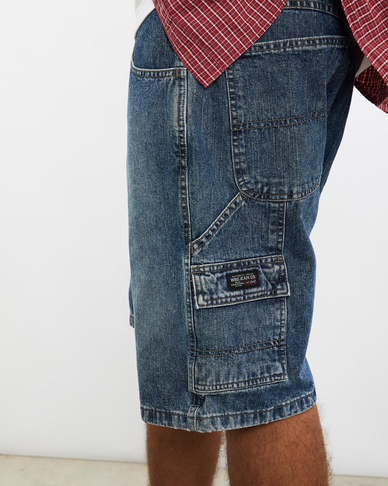 Vintage, Wrangler, Denim, Carpenter, Shorts, The Real Deal, size 36", colour Blue, newtown, sydney, australia, thrift store, opshop, preloved, secondhand, sustainable, retro, antique, 70s, 80s, 90s, 2000s, 00s, fashion, clothing, streetwear, trendy, garment, style, boutique, store, shop, archive, sale, cheap, best, top, Shorts