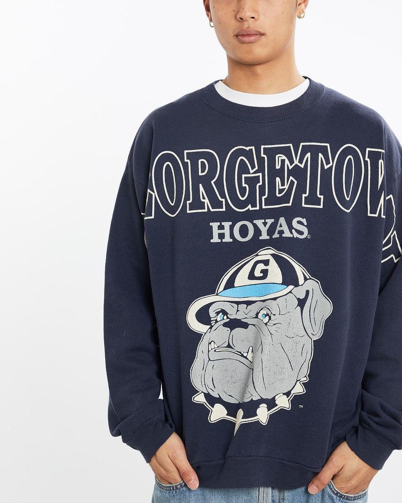 Vintage, 90s, NCAA, Georgetown, Hoyas, Sweatshirt, The Real Deal, size large, colour Navy, newtown, sydney, australia, thrift store, opshop, preloved, secondhand, sustainable, retro, antique, 70s, 80s, 90s, 2000s, 00s, fashion, clothing, streetwear, trendy, garment, style, boutique, store, shop, archive, sale, cheap, best, top, Sweats and hoodies