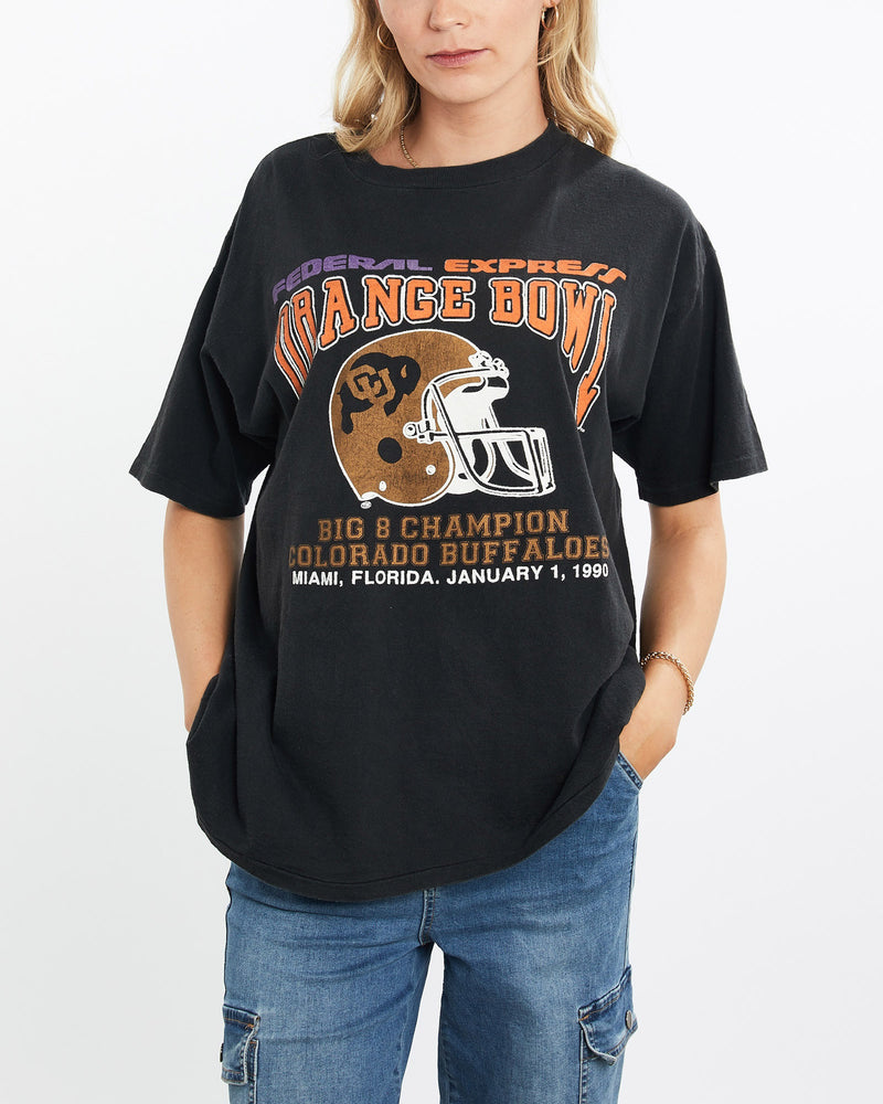 Vintage, 1990, NCAA, Colorado, Buffaloes, Orange, Bowl, Tee, The Real Deal, size large, colour Black, newtown, sydney, australia, thrift store, opshop, preloved, secondhand, sustainable, retro, antique, 70s, 80s, 90s, 2000s, 00s, fashion, clothing, streetwear, trendy, garment, style, boutique, store, shop, archive, sale, cheap, best, top, T-Shirts