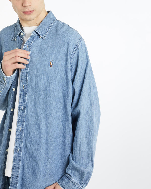 Vintage, Polo, Ralph, Lauren, Denim, Button, Up, Shirt, The Real Deal, size extra large, colour Blue, newtown, sydney, australia, thrift store, opshop, preloved, secondhand, sustainable, retro, antique, 70s, 80s, 90s, 2000s, 00s, fashion, clothing, streetwear, trendy, garment, style, boutique, store, shop, archive, sale, cheap, best, top, Shirts