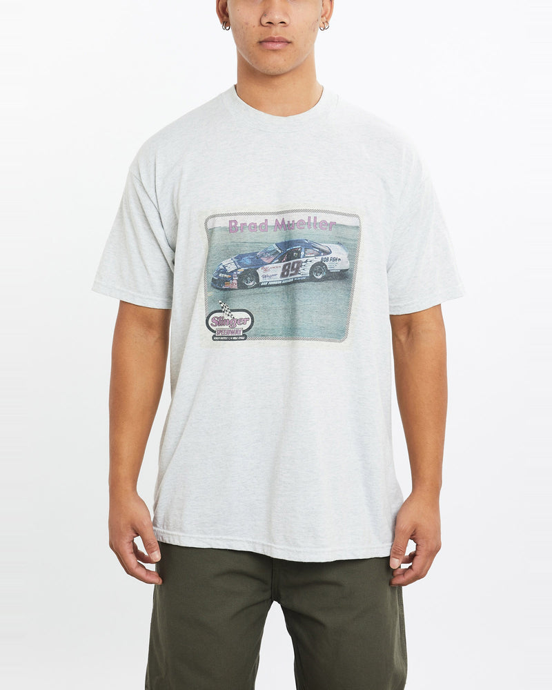 Vintage, Brad, Mueller, Racing, Tee, The Real Deal, size large, colour Grey, newtown, sydney, australia, thrift store, opshop, preloved, secondhand, sustainable, retro, antique, 70s, 80s, 90s, 2000s, 00s, fashion, clothing, streetwear, trendy, garment, style, boutique, store, shop, archive, sale, cheap, best, top, T-Shirts