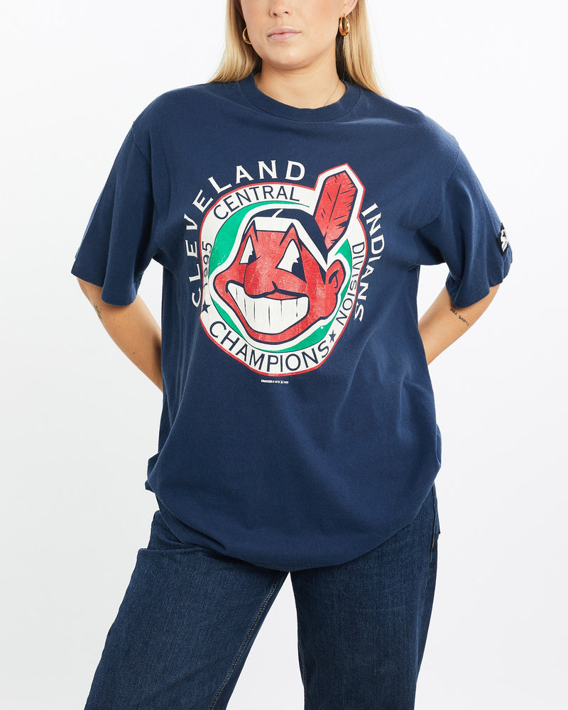 Vintage, 1995, MLB, Cleveland, Indians, Tee, The Real Deal, size large, colour Navy, newtown, sydney, australia, thrift store, opshop, preloved, secondhand, sustainable, retro, antique, 70s, 80s, 90s, 2000s, 00s, fashion, clothing, streetwear, trendy, garment, style, boutique, store, shop, archive, sale, cheap, best, top, T-Shirts
