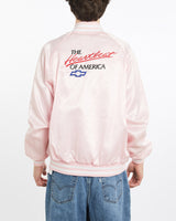 Vintage, 90s, Chevy, Heartbeat, Of, America', Satin, Bomber, Jacket, The Real Deal, size extra large, colour Pink, newtown, sydney, australia, thrift store, opshop, preloved, secondhand, sustainable, retro, antique, 70s, 80s, 90s, 2000s, 00s, fashion, clothing, streetwear, trendy, garment, style, boutique, store, shop, archive, sale, cheap, best, top, Jackets