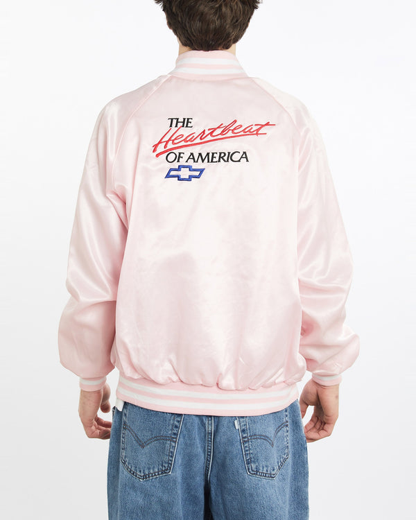 Vintage, 90s, Chevy, Heartbeat, Of, America', Satin, Bomber, Jacket, The Real Deal, size extra large, colour Pink, newtown, sydney, australia, thrift store, opshop, preloved, secondhand, sustainable, retro, antique, 70s, 80s, 90s, 2000s, 00s, fashion, clothing, streetwear, trendy, garment, style, boutique, store, shop, archive, sale, cheap, best, top, Jackets