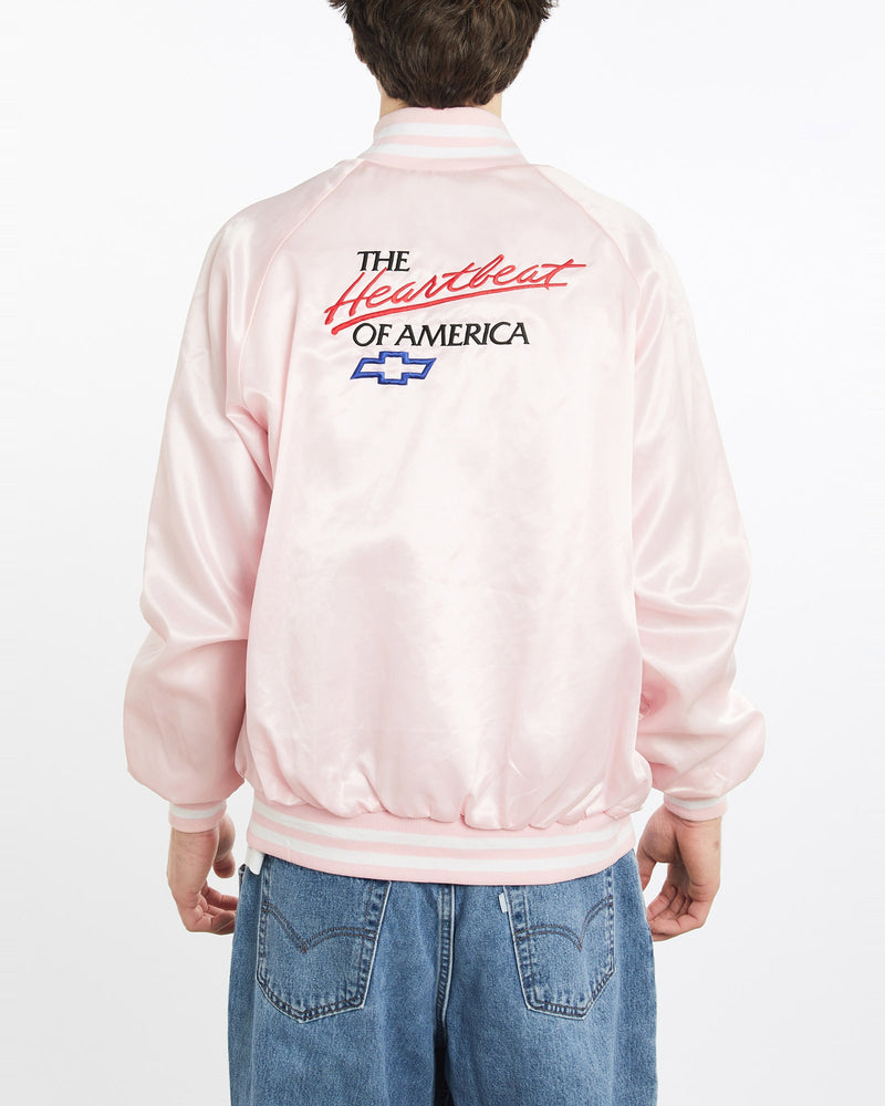 Vintage, 90s, Chevy, Heartbeat, Of, America', Satin, Bomber, Jacket, The Real Deal, size extra large, colour Pink, newtown, sydney, australia, thrift store, opshop, preloved, secondhand, sustainable, retro, antique, 70s, 80s, 90s, 2000s, 00s, fashion, clothing, streetwear, trendy, garment, style, boutique, store, shop, archive, sale, cheap, best, top, Jackets