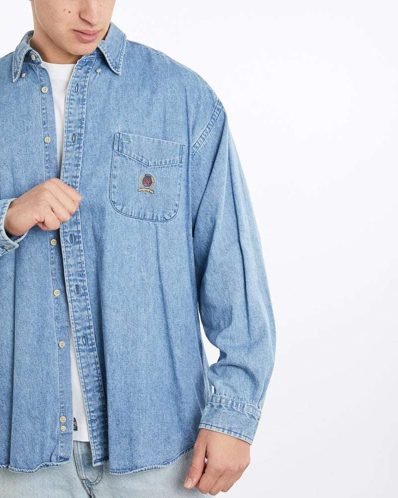 Vintage, 90s, Tommy, Hilfiger, Denim, Button, Up, Shirt, The Real Deal, size double extra large, colour Blue, newtown, sydney, australia, thrift store, opshop, preloved, secondhand, sustainable, retro, antique, 70s, 80s, 90s, 2000s, 00s, fashion, clothing, streetwear, trendy, garment, style, boutique, store, shop, archive, sale, cheap, best, top, Shirts