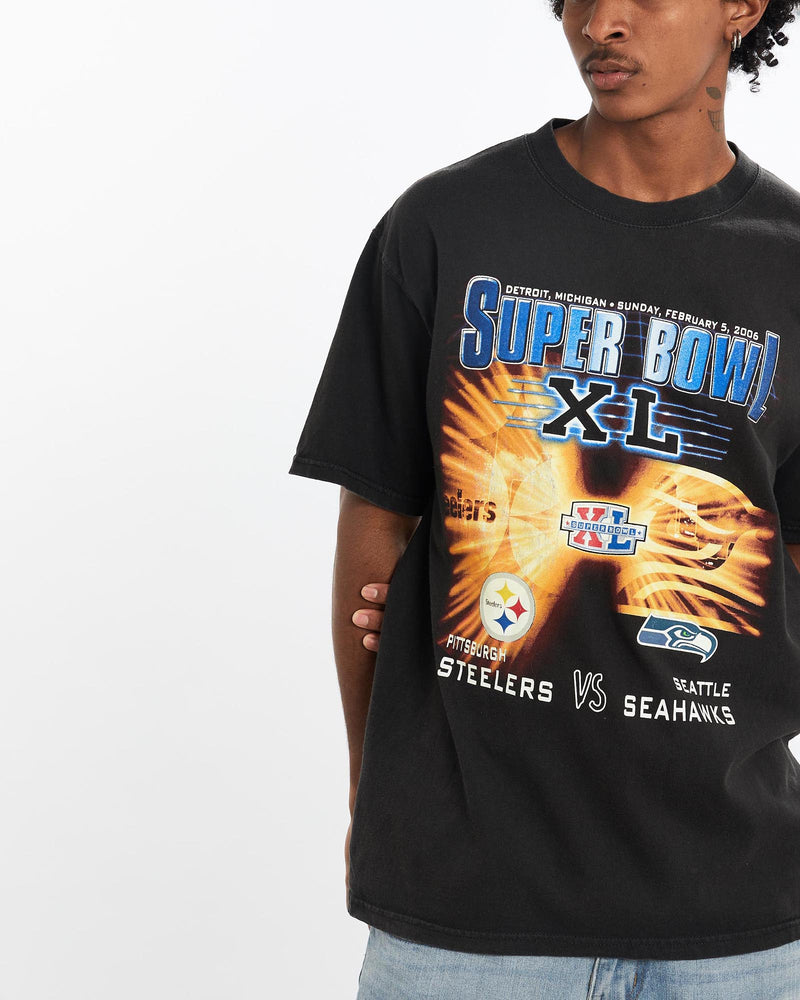 Vintage, NFL, Steelers, vs, Seahawks, Super, Bowl, Tee, The Real Deal, size large, colour Black, newtown, sydney, australia, thrift store, opshop, preloved, secondhand, sustainable, retro, antique, 70s, 80s, 90s, 2000s, 00s, fashion, clothing, streetwear, trendy, garment, style, boutique, store, shop, archive, sale, cheap, best, top, T-Shirts