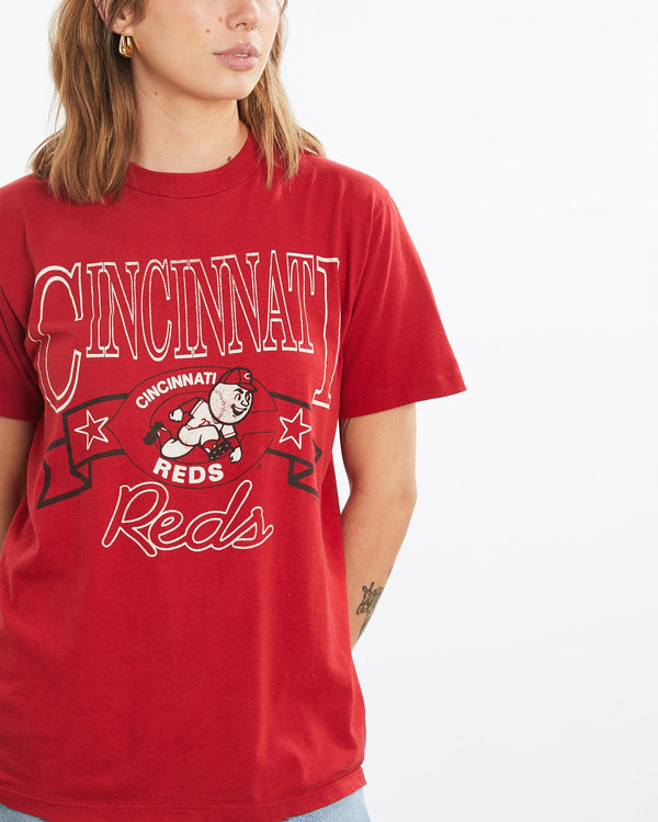 Vintage, 80s, MLB, Cincinnati, Reds, Tee, The Real Deal, size medium, colour Red, newtown, sydney, australia, thrift store, opshop, preloved, secondhand, sustainable, retro, antique, 70s, 80s, 90s, 2000s, 00s, fashion, clothing, streetwear, trendy, garment, style, boutique, store, shop, archive, sale, cheap, best, top, T-Shirts