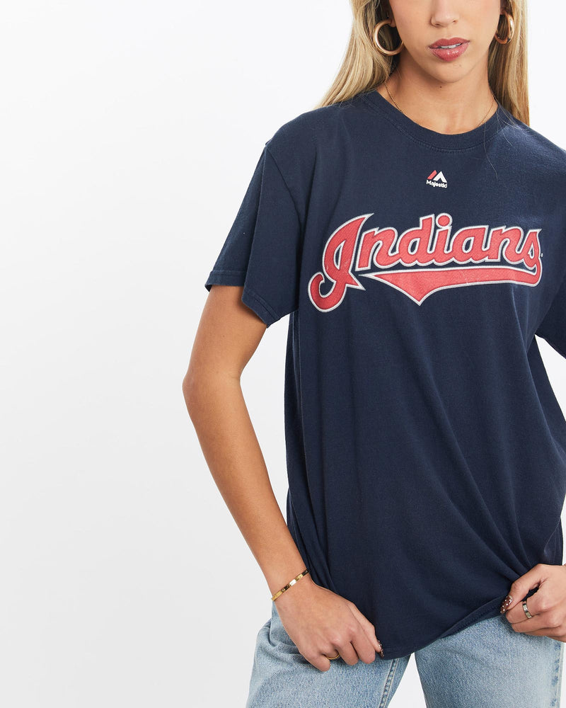 Vintage, MLB, Cleveland, Indians, Tee, The Real Deal, size extra small, colour Navy, newtown, sydney, australia, thrift store, opshop, preloved, secondhand, sustainable, retro, antique, 70s, 80s, 90s, 2000s, 00s, fashion, clothing, streetwear, trendy, garment, style, boutique, store, shop, archive, sale, cheap, best, top, T-Shirts