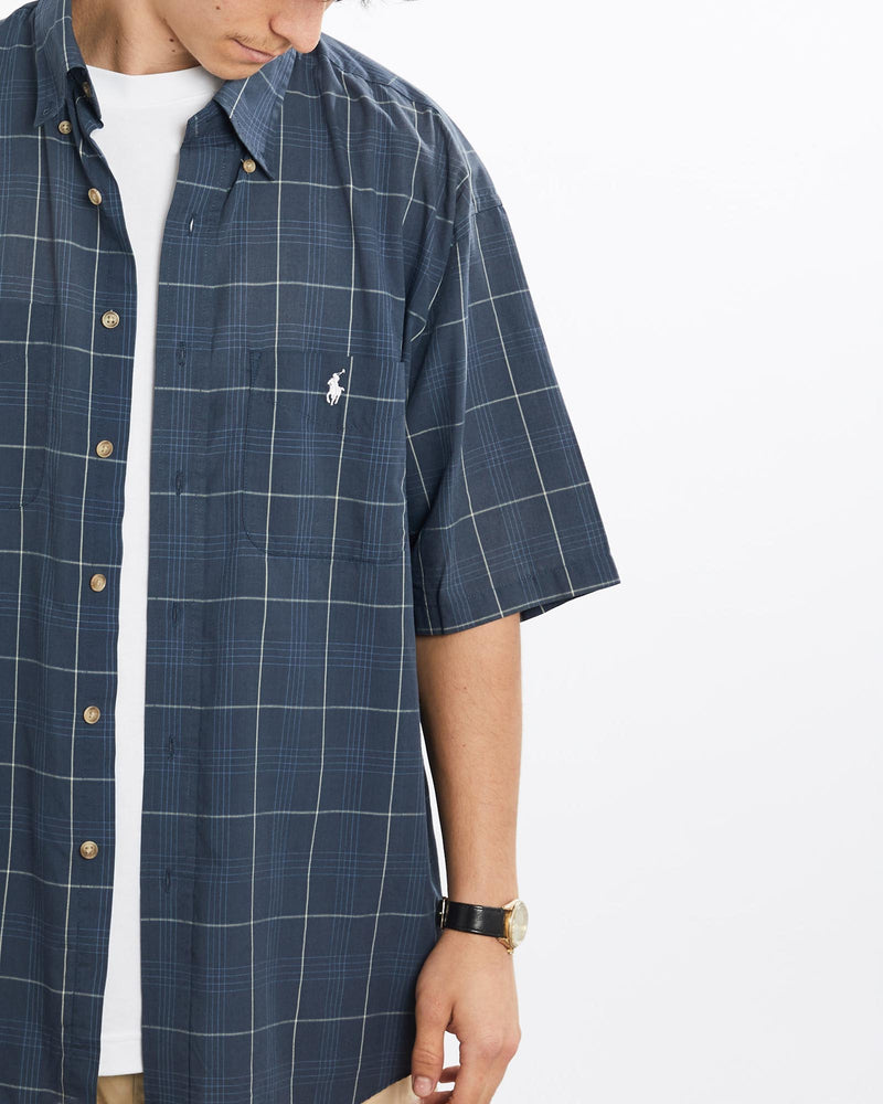 Vintage, 90s, Polo, Ralph, Lauren, Short, Sleeve, Button, Up, Shirt, The Real Deal, size extra large, colour Navy, newtown, sydney, australia, thrift store, opshop, preloved, secondhand, sustainable, retro, antique, 70s, 80s, 90s, 2000s, 00s, fashion, clothing, streetwear, trendy, garment, style, boutique, store, shop, archive, sale, cheap, best, top, Shirts