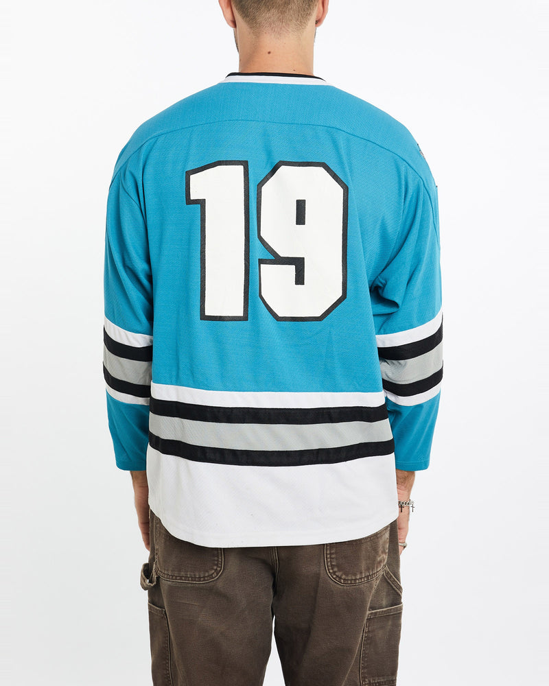 Vintage, 90s, NHL, San, Jose, Sharks, Jersey, The Real Deal, size large, colour Blue, newtown, sydney, australia, thrift store, opshop, preloved, secondhand, sustainable, retro, antique, 70s, 80s, 90s, 2000s, 00s, fashion, clothing, streetwear, trendy, garment, style, boutique, store, shop, archive, sale, cheap, best, top, T-Shirts
