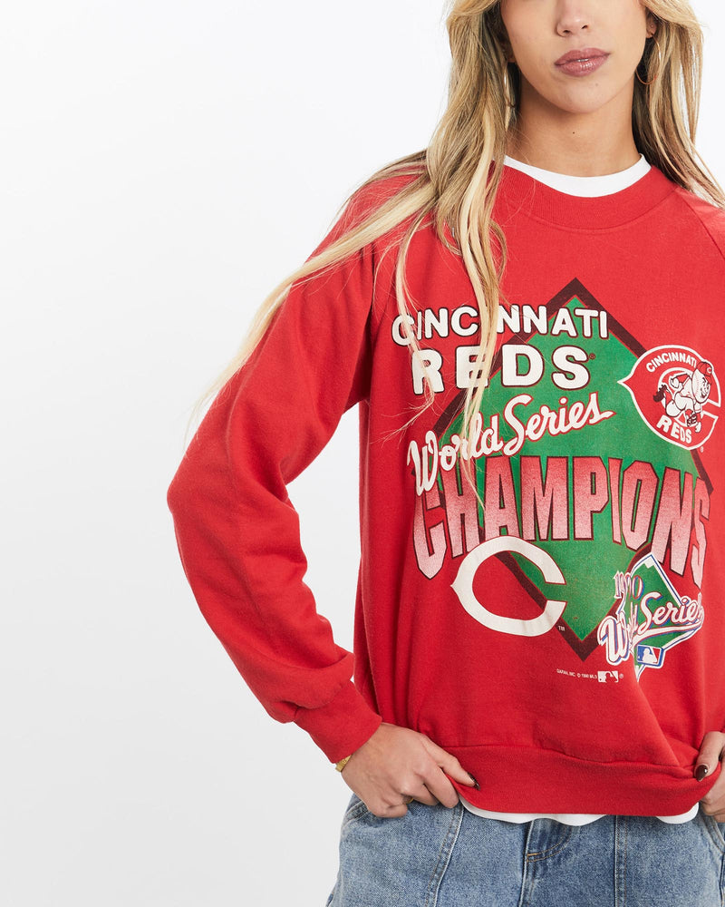 Vintage, 1990, MLB, Cincinnati, Reds, Sweatshirt, The Real Deal, size extra small, colour Red, newtown, sydney, australia, thrift store, opshop, preloved, secondhand, sustainable, retro, antique, 70s, 80s, 90s, 2000s, 00s, fashion, clothing, streetwear, trendy, garment, style, boutique, store, shop, archive, sale, cheap, best, top, Sweats and hoodies