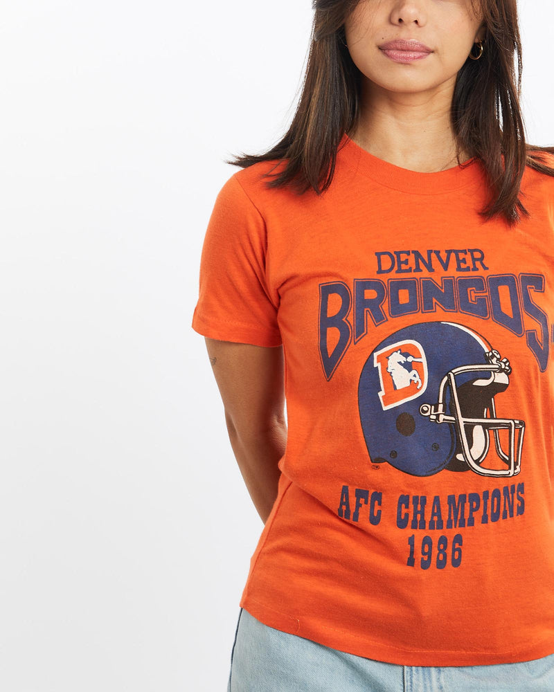 Vintage, 1986, NFL, Denver, Broncos, Tee, The Real Deal, size double extra small, colour Orange, newtown, sydney, australia, thrift store, opshop, preloved, secondhand, sustainable, retro, antique, 70s, 80s, 90s, 2000s, 00s, fashion, clothing, streetwear, trendy, garment, style, boutique, store, shop, archive, sale, cheap, best, top, T-Shirts