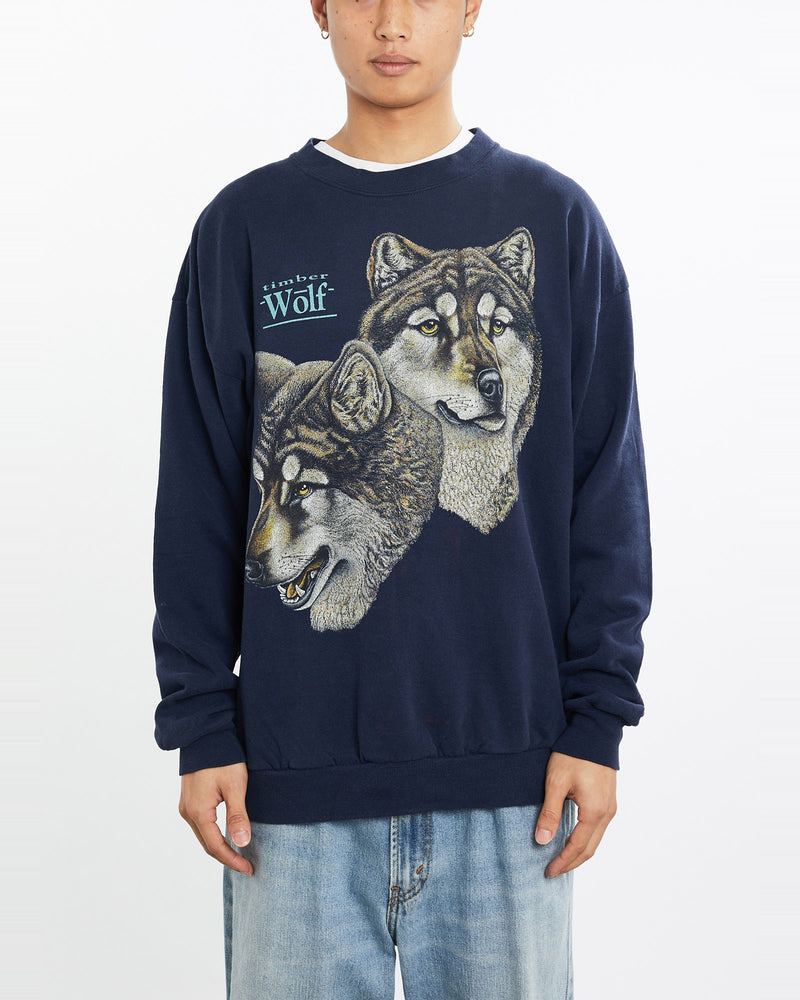 Vintage, 90s, Timber, Wolf, Wildlife, Sweatshirt, The Real Deal, size large, colour Navy, newtown, sydney, australia, thrift store, opshop, preloved, secondhand, sustainable, retro, antique, 70s, 80s, 90s, 2000s, 00s, fashion, clothing, streetwear, trendy, garment, style, boutique, store, shop, archive, sale, cheap, best, top, Sweats and hoodies