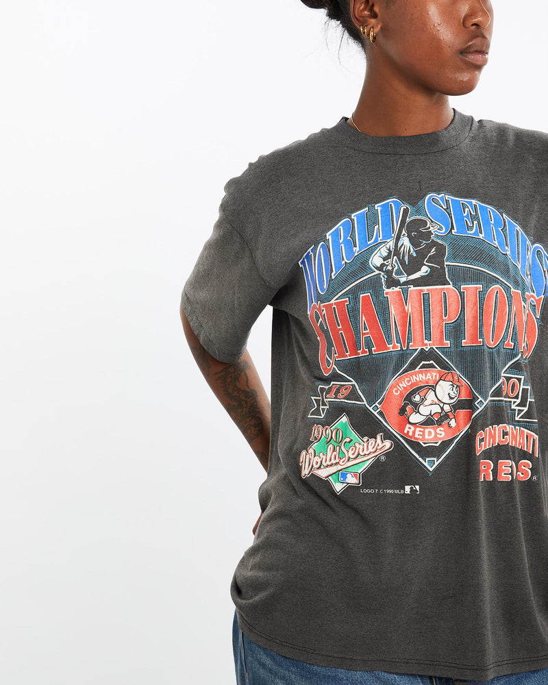 Vintage, 1990, MLB, Cincinnati, Reds, World, Series, Tee, The Real Deal, size medium, colour Grey, newtown, sydney, australia, thrift store, opshop, preloved, secondhand, sustainable, retro, antique, 70s, 80s, 90s, 2000s, 00s, fashion, clothing, streetwear, trendy, garment, style, boutique, store, shop, archive, sale, cheap, best, top, T-Shirts