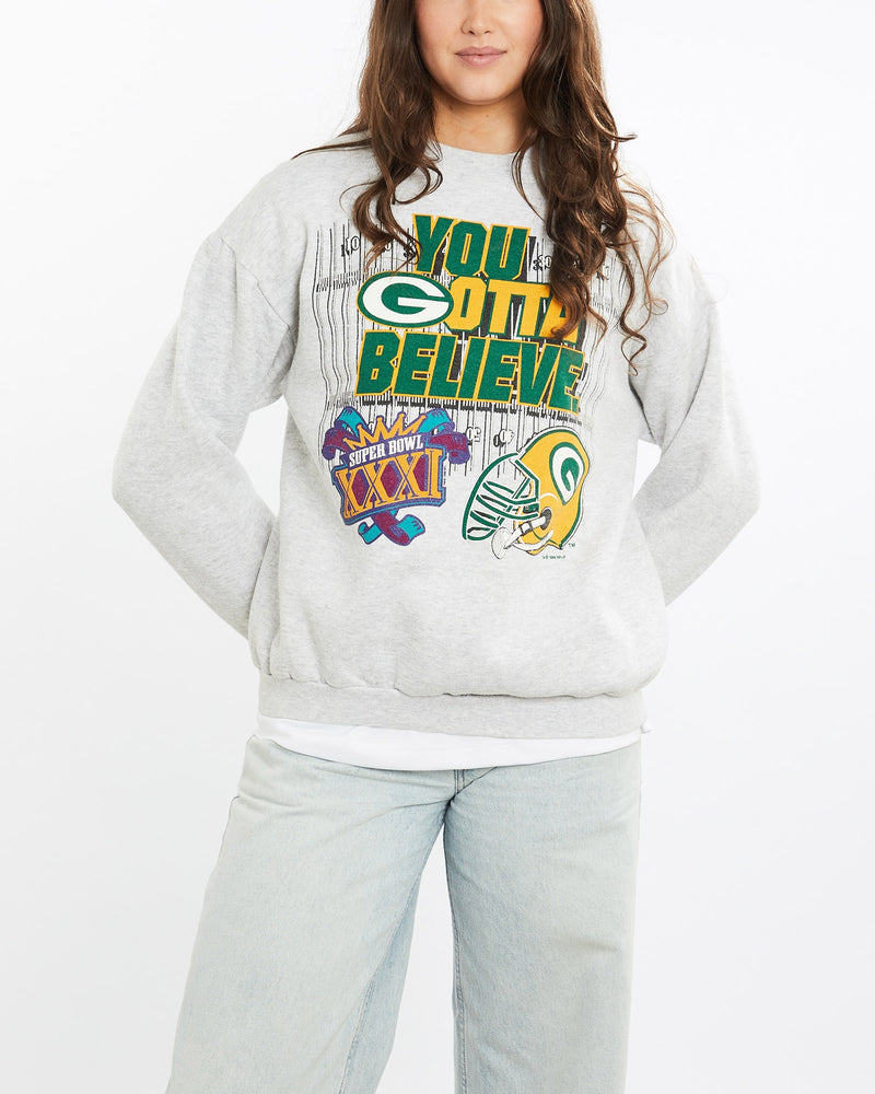 Vintage, 1996, NFL, Green, Bay, Packers, Super, Bowl, Sweatshirt, The Real Deal, size medium, colour Grey, newtown, sydney, australia, thrift store, opshop, preloved, secondhand, sustainable, retro, antique, 70s, 80s, 90s, 2000s, 00s, fashion, clothing, streetwear, trendy, garment, style, boutique, store, shop, archive, sale, cheap, best, top, Sweats and hoodies