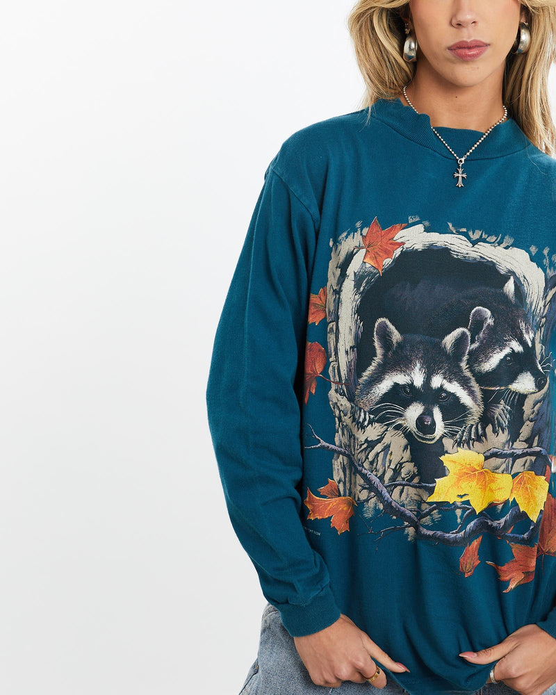 Vintage, 90s, Racoon, Wildlife, Long, Sleeve, Tee, The Real Deal, size small, colour Blue, newtown, sydney, australia, thrift store, opshop, preloved, secondhand, sustainable, retro, antique, 70s, 80s, 90s, 2000s, 00s, fashion, clothing, streetwear, trendy, garment, style, boutique, store, shop, archive, sale, cheap, best, top, T-Shirts