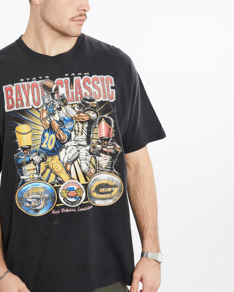 Vintage, NCAA, Bayou, Classic, Jaguars, vs, Tigers, Football, Tee, The Real Deal, size extra large, colour Black, newtown, sydney, australia, thrift store, opshop, preloved, secondhand, sustainable, retro, antique, 70s, 80s, 90s, 2000s, 00s, fashion, clothing, streetwear, trendy, garment, style, boutique, store, shop, archive, sale, cheap, best, top, T-Shirts