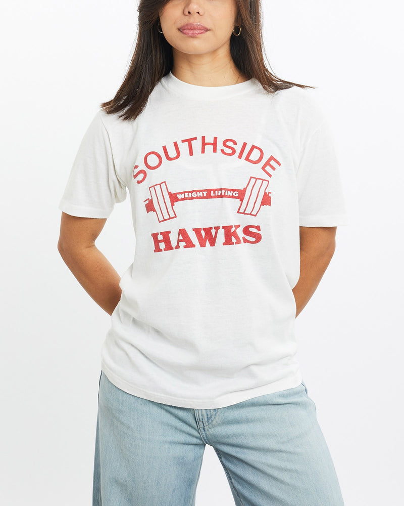 Vintage, 80s, Southside, Weight, Lifting, Hawks, Tee, The Real Deal, size double extra small, colour White, newtown, sydney, australia, thrift store, opshop, preloved, secondhand, sustainable, retro, antique, 70s, 80s, 90s, 2000s, 00s, fashion, clothing, streetwear, trendy, garment, style, boutique, store, shop, archive, sale, cheap, best, top, T-Shirts