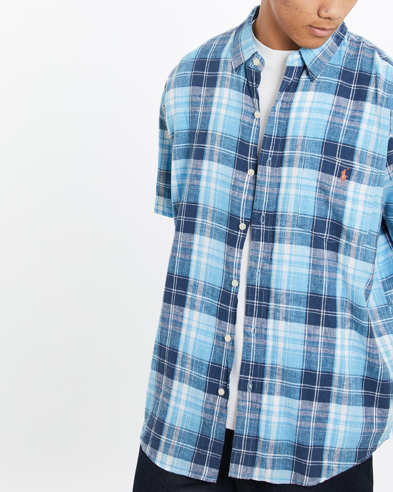 Vintage, 90s, Polo, Ralph, Lauren, Short, Sleeve, Button, Up, Shirt, The Real Deal, size large, colour Blue, newtown, sydney, australia, thrift store, opshop, preloved, secondhand, sustainable, retro, antique, 70s, 80s, 90s, 2000s, 00s, fashion, clothing, streetwear, trendy, garment, style, boutique, store, shop, archive, sale, cheap, best, top, Shirts
