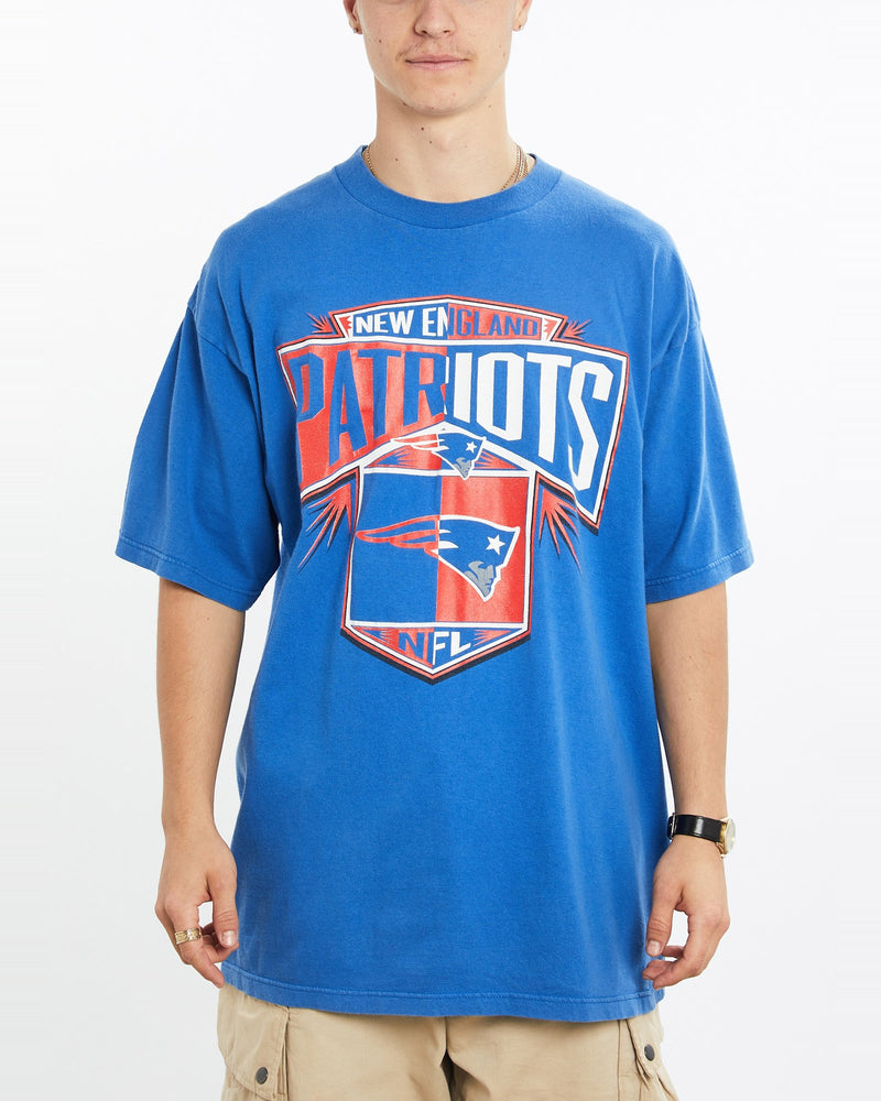 Vintage, 90s, NFL, New, England, Patriots, Tee, The Real Deal, size extra large, colour Blue, newtown, sydney, australia, thrift store, opshop, preloved, secondhand, sustainable, retro, antique, 70s, 80s, 90s, 2000s, 00s, fashion, clothing, streetwear, trendy, garment, style, boutique, store, shop, archive, sale, cheap, best, top, T-Shirts