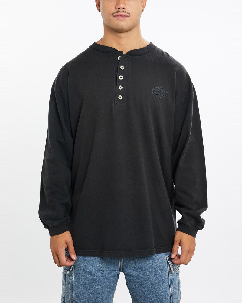 Vintage, Harley, Davidson, Long, Sleeve, Henley, Tee, The Real Deal, size extra large, colour Blue, newtown, sydney, australia, thrift store, opshop, preloved, secondhand, sustainable, retro, antique, 70s, 80s, 90s, 2000s, 00s, fashion, clothing, streetwear, trendy, garment, style, boutique, store, shop, archive, sale, cheap, best, top, T-Shirts