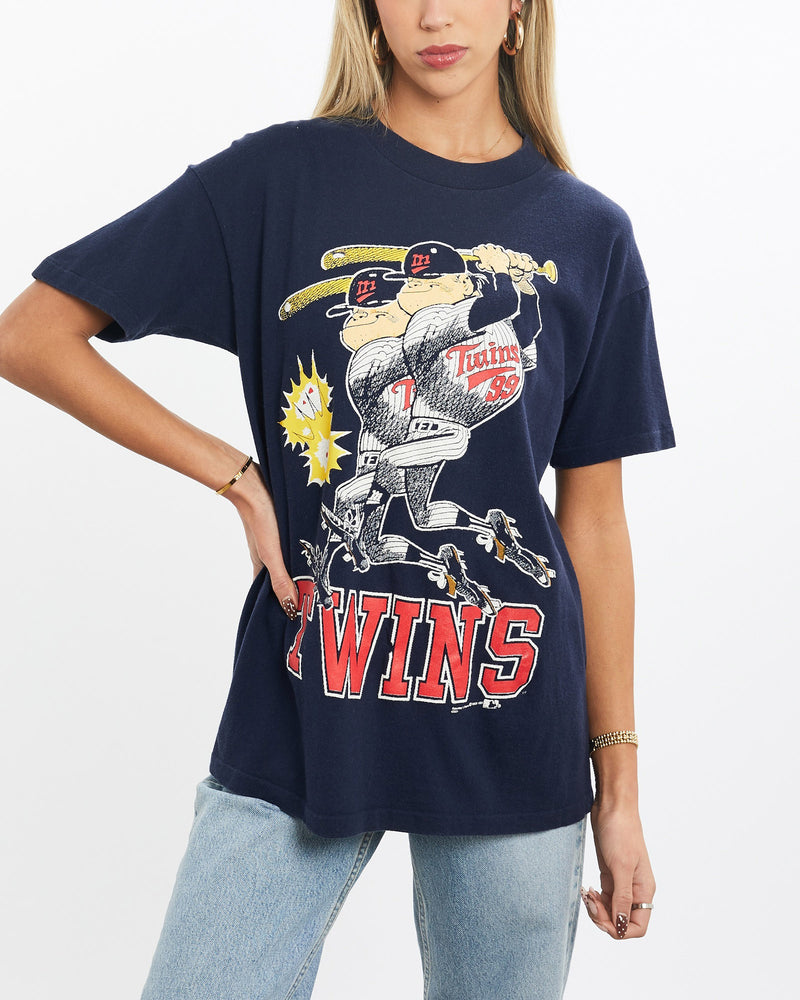 Vintage, 1991, MLB, Minnesota, Twins, Tee, The Real Deal, size extra small, colour Navy, newtown, sydney, australia, thrift store, opshop, preloved, secondhand, sustainable, retro, antique, 70s, 80s, 90s, 2000s, 00s, fashion, clothing, streetwear, trendy, garment, style, boutique, store, shop, archive, sale, cheap, best, top, T-Shirts