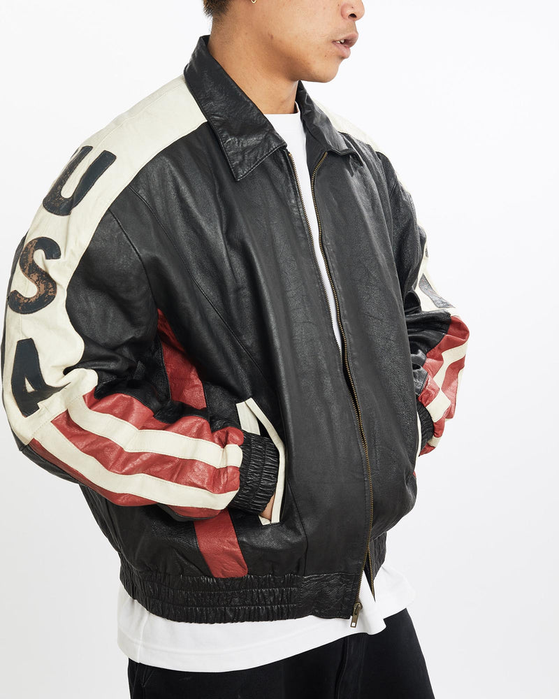 Vintage, 90s, U.S.A, Leather, Bomber, Jacket, The Real Deal, size extra large, colour Multicolour, newtown, sydney, australia, thrift store, opshop, preloved, secondhand, sustainable, retro, antique, 70s, 80s, 90s, 2000s, 00s, fashion, clothing, streetwear, trendy, garment, style, boutique, store, shop, archive, sale, cheap, best, top, Jackets