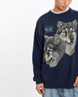 Vintage, 90s, Timber, Wolf, Wildlife, Sweatshirt, The Real Deal, size large, colour Navy, newtown, sydney, australia, thrift store, opshop, preloved, secondhand, sustainable, retro, antique, 70s, 80s, 90s, 2000s, 00s, fashion, clothing, streetwear, trendy, garment, style, boutique, store, shop, archive, sale, cheap, best, top, Sweats and hoodies