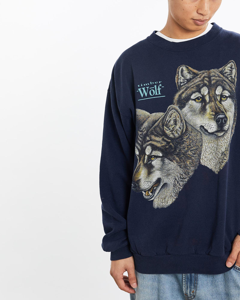 Vintage, 90s, Timber, Wolf, Wildlife, Sweatshirt, The Real Deal, size large, colour Navy, newtown, sydney, australia, thrift store, opshop, preloved, secondhand, sustainable, retro, antique, 70s, 80s, 90s, 2000s, 00s, fashion, clothing, streetwear, trendy, garment, style, boutique, store, shop, archive, sale, cheap, best, top, Sweats and hoodies