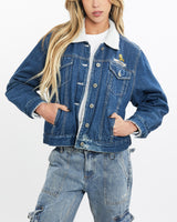 Vintage, Looney, Tunes, Sherpa, Lined, Denim, Jacket, The Real Deal, size extra small, colour Blue, newtown, sydney, australia, thrift store, opshop, preloved, secondhand, sustainable, retro, antique, 70s, 80s, 90s, 2000s, 00s, fashion, clothing, streetwear, trendy, garment, style, boutique, store, shop, archive, sale, cheap, best, top, Jackets