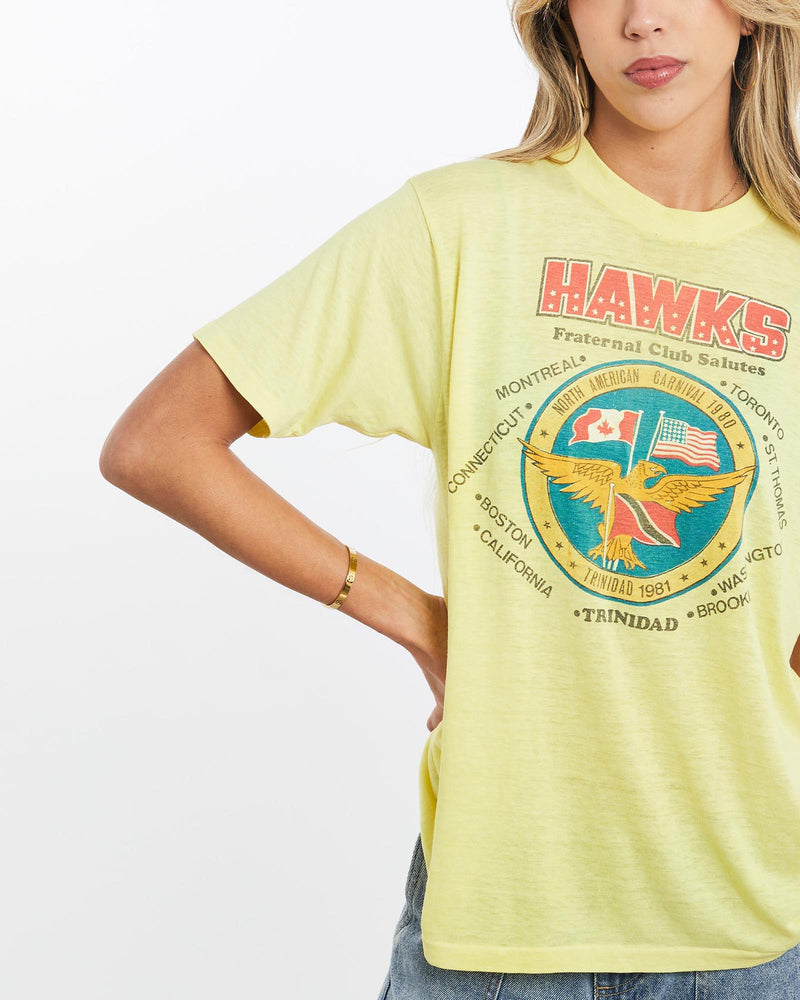 Vintage, 1981, Hawks, Fraternal, Club, Tee, The Real Deal, size extra small, colour Yellow, newtown, sydney, australia, thrift store, opshop, preloved, secondhand, sustainable, retro, antique, 70s, 80s, 90s, 2000s, 00s, fashion, clothing, streetwear, trendy, garment, style, boutique, store, shop, archive, sale, cheap, best, top, T-Shirts
