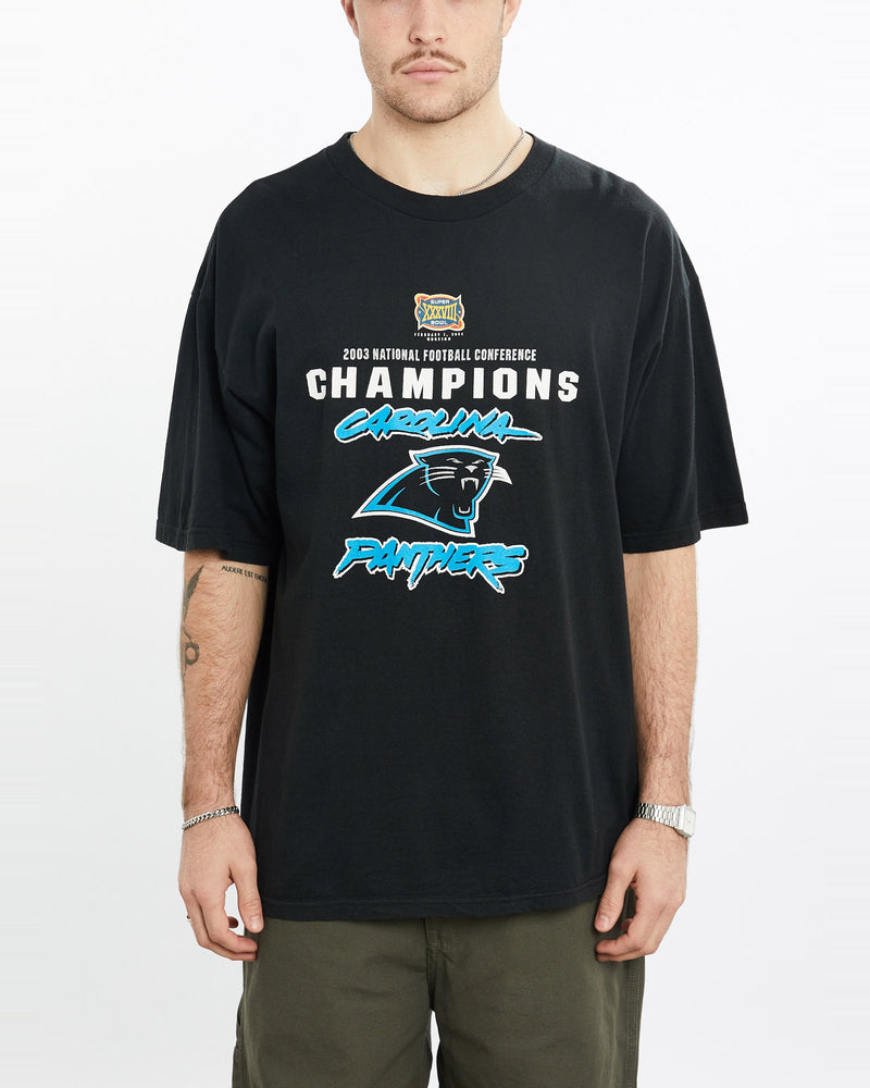Vintage, NFL, Carolina, Panthers, Tee, The Real Deal, size extra large, colour Black, newtown, sydney, australia, thrift store, opshop, preloved, secondhand, sustainable, retro, antique, 70s, 80s, 90s, 2000s, 00s, fashion, clothing, streetwear, trendy, garment, style, boutique, store, shop, archive, sale, cheap, best, top, T-Shirts