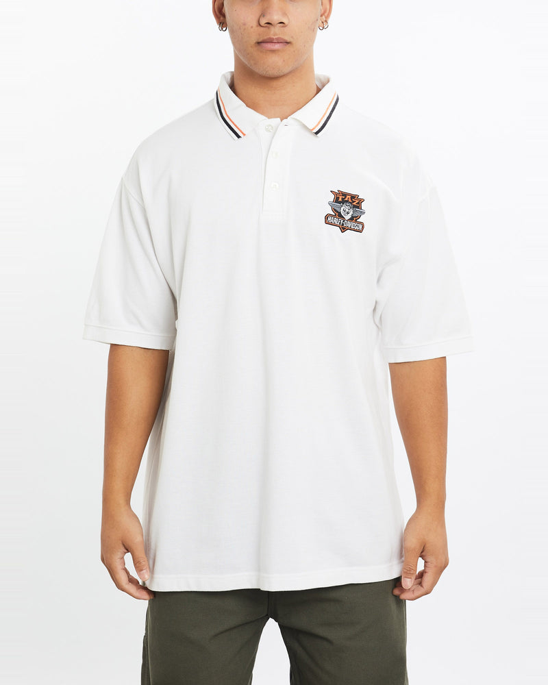 Vintage, 90s, Harley, Davidson, Taz, Devil, Looney, Tunes, Polo, Shirt, The Real Deal, size large, colour White, newtown, sydney, australia, thrift store, opshop, preloved, secondhand, sustainable, retro, antique, 70s, 80s, 90s, 2000s, 00s, fashion, clothing, streetwear, trendy, garment, style, boutique, store, shop, archive, sale, cheap, best, top, Shirts