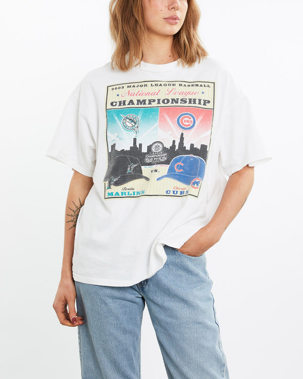 Vintage, MLB, Marlins, vs, Cubs, Tee, The Real Deal, size large, colour White, newtown, sydney, australia, thrift store, opshop, preloved, secondhand, sustainable, retro, antique, 70s, 80s, 90s, 2000s, 00s, fashion, clothing, streetwear, trendy, garment, style, boutique, store, shop, archive, sale, cheap, best, top, T-Shirts