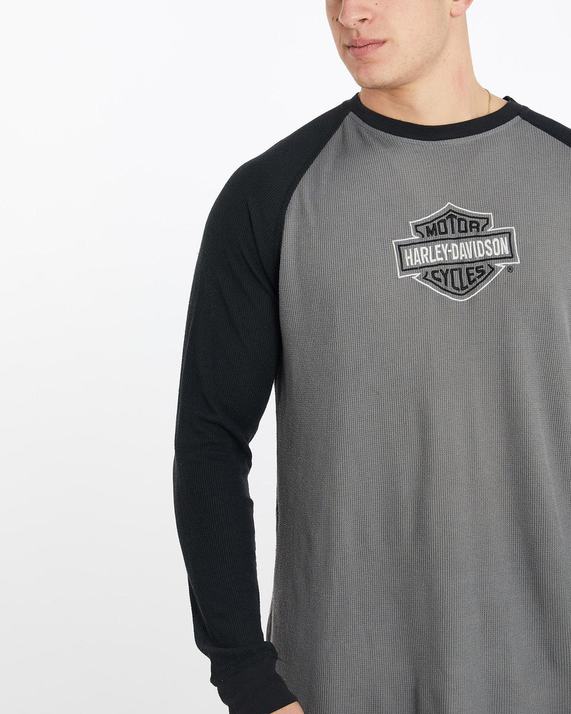 Vintage, Harley, Davidson, Long, Sleeve, Thermal, Tee, The Real Deal, size extra large, colour Multicolour, newtown, sydney, australia, thrift store, opshop, preloved, secondhand, sustainable, retro, antique, 70s, 80s, 90s, 2000s, 00s, fashion, clothing, streetwear, trendy, garment, style, boutique, store, shop, archive, sale, cheap, best, top, T-Shirts