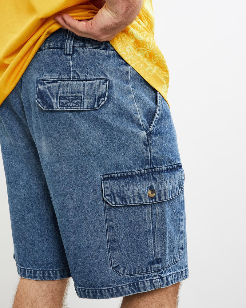 Vintage, Island, Republic, Denim, Cargo, Shorts, The Real Deal, size 33", colour Blue, newtown, sydney, australia, thrift store, opshop, preloved, secondhand, sustainable, retro, antique, 70s, 80s, 90s, 2000s, 00s, fashion, clothing, streetwear, trendy, garment, style, boutique, store, shop, archive, sale, cheap, best, top, Shorts