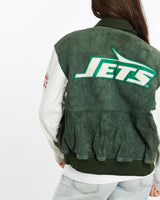 Vintage, 90s, NFL, New, York, Jets, Varsity, Jacket, The Real Deal, size medium, colour Green, newtown, sydney, australia, thrift store, opshop, preloved, secondhand, sustainable, retro, antique, 70s, 80s, 90s, 2000s, 00s, fashion, clothing, streetwear, trendy, garment, style, boutique, store, shop, archive, sale, cheap, best, top, Jackets