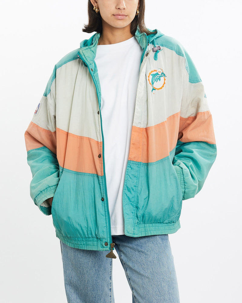 Vintage, 90s, Faded, NFL, Miami, Dolphins, Jacket, The Real Deal, size small, colour Multicolour, newtown, sydney, australia, thrift store, opshop, preloved, secondhand, sustainable, retro, antique, 70s, 80s, 90s, 2000s, 00s, fashion, clothing, streetwear, trendy, garment, style, boutique, store, shop, archive, sale, cheap, best, top, Jackets