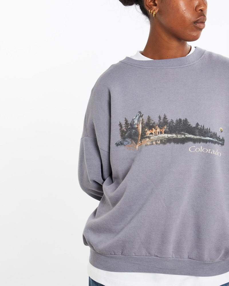 Vintage, 90s, Wolf, Wildlife, Sweatshirt, The Real Deal, size medium, colour Purple, newtown, sydney, australia, thrift store, opshop, preloved, secondhand, sustainable, retro, antique, 70s, 80s, 90s, 2000s, 00s, fashion, clothing, streetwear, trendy, garment, style, boutique, store, shop, archive, sale, cheap, best, top, Sweats and hoodies