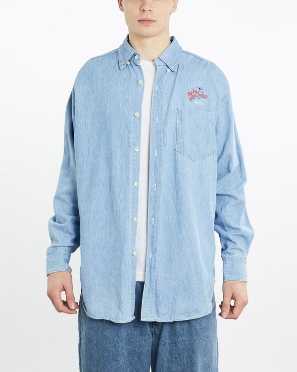Vintage, 90s, Planet, Hollywood, Denim, Button, Up, Shirt, The Real Deal, size extra large, colour Blue, newtown, sydney, australia, thrift store, opshop, preloved, secondhand, sustainable, retro, antique, 70s, 80s, 90s, 2000s, 00s, fashion, clothing, streetwear, trendy, garment, style, boutique, store, shop, archive, sale, cheap, best, top, Shirts