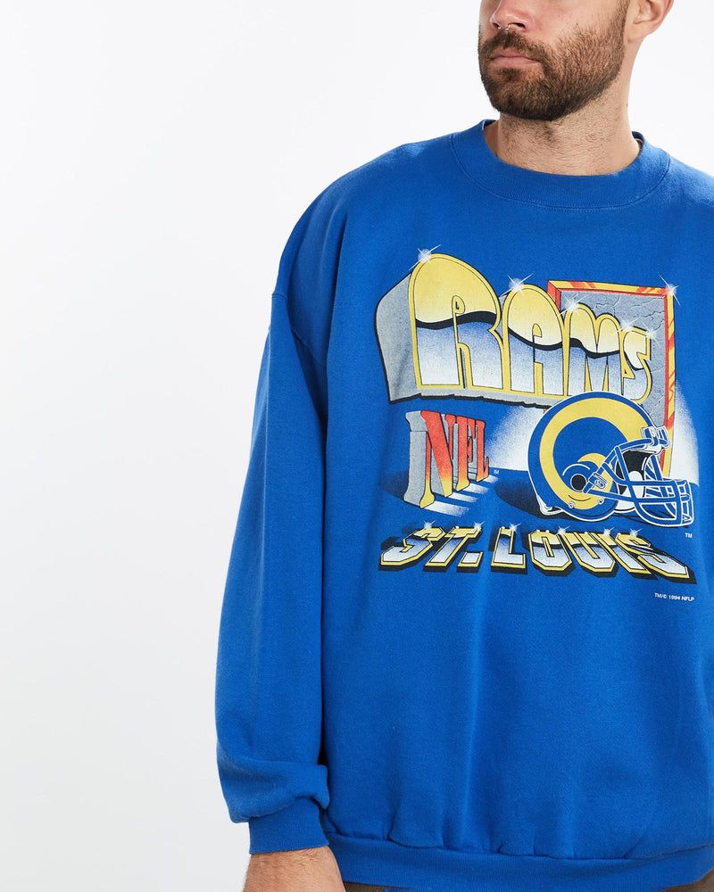 Vintage, 1994, NFL, St., Louis, Rams, Sweatshirt, The Real Deal, size extra large, colour Blue, newtown, sydney, australia, thrift store, opshop, preloved, secondhand, sustainable, retro, antique, 70s, 80s, 90s, 2000s, 00s, fashion, clothing, streetwear, trendy, garment, style, boutique, store, shop, archive, sale, cheap, best, top, Sweats and hoodies
