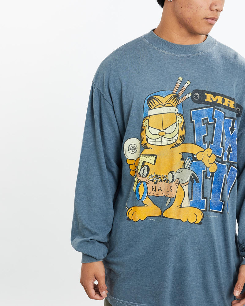 Vintage, 90s, Garfield, Cartoon, Long, Sleeve, Tee, The Real Deal, size large, colour Blue, newtown, sydney, australia, thrift store, opshop, preloved, secondhand, sustainable, retro, antique, 70s, 80s, 90s, 2000s, 00s, fashion, clothing, streetwear, trendy, garment, style, boutique, store, shop, archive, sale, cheap, best, top, T-Shirts
