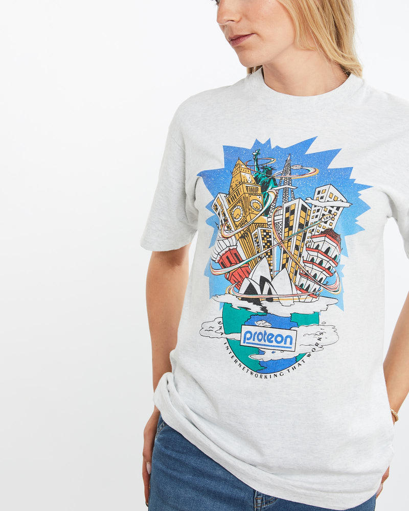 Vintage, 90s, Proteon, Tech, Tee, The Real Deal, size medium, colour Grey, newtown, sydney, australia, thrift store, opshop, preloved, secondhand, sustainable, retro, antique, 70s, 80s, 90s, 2000s, 00s, fashion, clothing, streetwear, trendy, garment, style, boutique, store, shop, archive, sale, cheap, best, top, T-Shirts