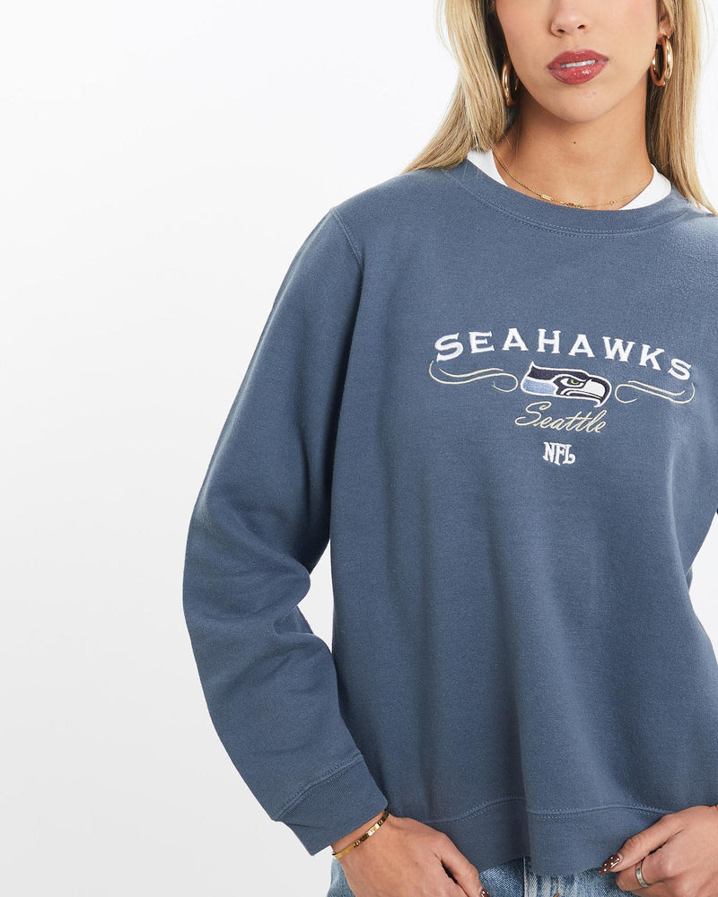 Vintage, NFL, Seattle, Seahawks, Sweatshirt, The Real Deal, size double extra small, colour Blue, newtown, sydney, australia, thrift store, opshop, preloved, secondhand, sustainable, retro, antique, 70s, 80s, 90s, 2000s, 00s, fashion, clothing, streetwear, trendy, garment, style, boutique, store, shop, archive, sale, cheap, best, top, Sweats and hoodies