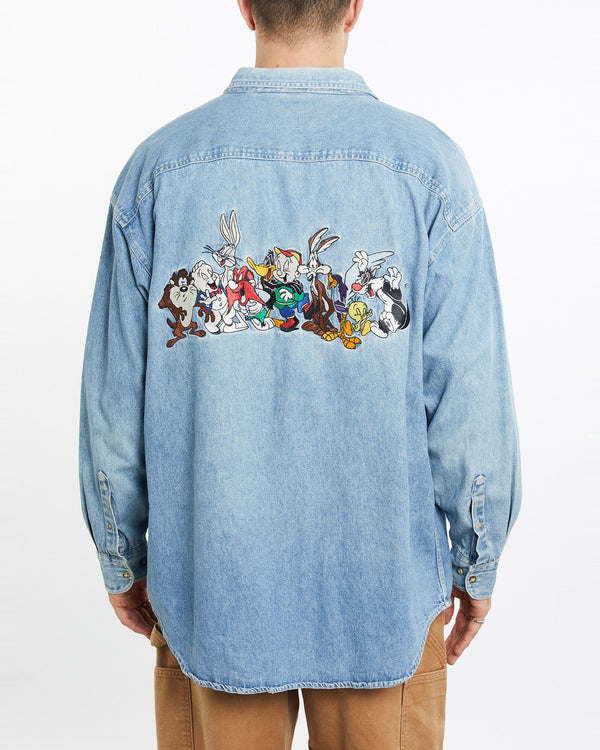 Vintage, 1993, Looney, Tunes, Cartoon, Denim, Button, Up, Shirt, The Real Deal, size extra large, colour Blue, newtown, sydney, australia, thrift store, opshop, preloved, secondhand, sustainable, retro, antique, 70s, 80s, 90s, 2000s, 00s, fashion, clothing, streetwear, trendy, garment, style, boutique, store, shop, archive, sale, cheap, best, top, Shirts