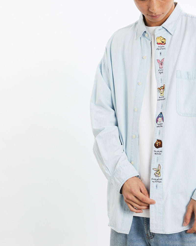 Vintage, 90s, Disney, Winnie, The, Pooh, Denim, Button, Up, Shirt, The Real Deal, size large, colour Blue, newtown, sydney, australia, thrift store, opshop, preloved, secondhand, sustainable, retro, antique, 70s, 80s, 90s, 2000s, 00s, fashion, clothing, streetwear, trendy, garment, style, boutique, store, shop, archive, sale, cheap, best, top, Shirts