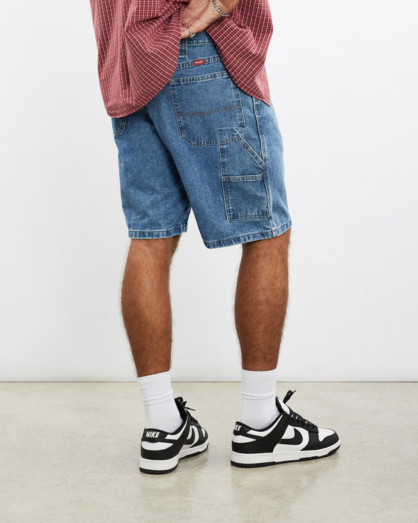 Vintage, Wrangler, Denim, Carpenter, Shorts, The Real Deal, size 36", colour Blue, newtown, sydney, australia, thrift store, opshop, preloved, secondhand, sustainable, retro, antique, 70s, 80s, 90s, 2000s, 00s, fashion, clothing, streetwear, trendy, garment, style, boutique, store, shop, archive, sale, cheap, best, top, Shorts