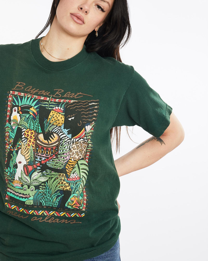 Vintage, 1991, New, Orleans, Bayou, Beat', Tee, The Real Deal, size medium, colour Green, newtown, sydney, australia, thrift store, opshop, preloved, secondhand, sustainable, retro, antique, 70s, 80s, 90s, 2000s, 00s, fashion, clothing, streetwear, trendy, garment, style, boutique, store, shop, archive, sale, cheap, best, top, T-Shirts